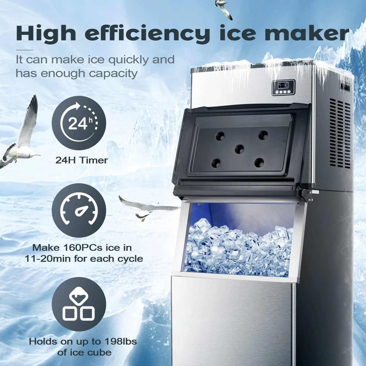 Commercial Ice Maker Machine with Large Ice Storage Capacity